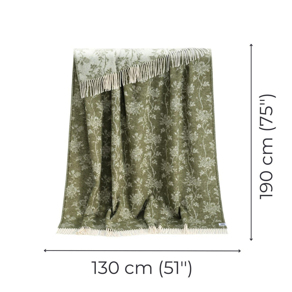 Roses Wool Throw | Moss Green Floral Woven Blanket | Recycled Merino Wool