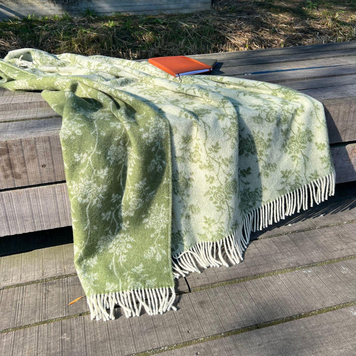 Roses Wool Throw | Moss Green Floral Woven Blanket | Recycled Merino Wool