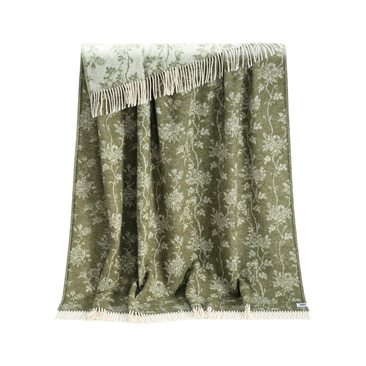 Roses Wool Throw | Moss Green Floral Woven Blanket | Recycled Merino Wool