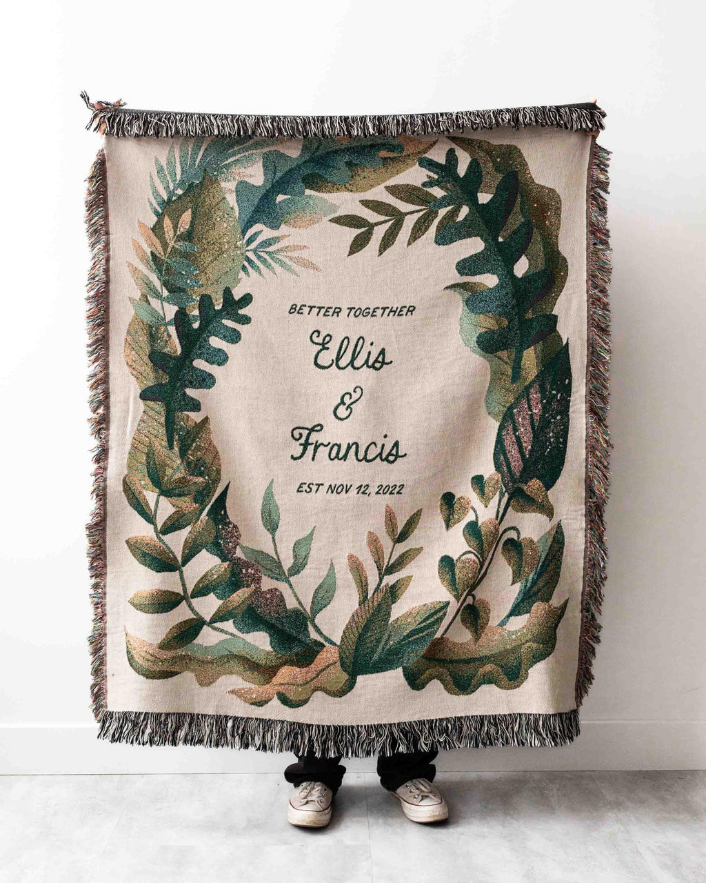 Anniversary Gift Blanket: Couples Names Wedding Present, Cotton Woven Throw, Unique Personalized, Housewarming Valentines, Nature Plants