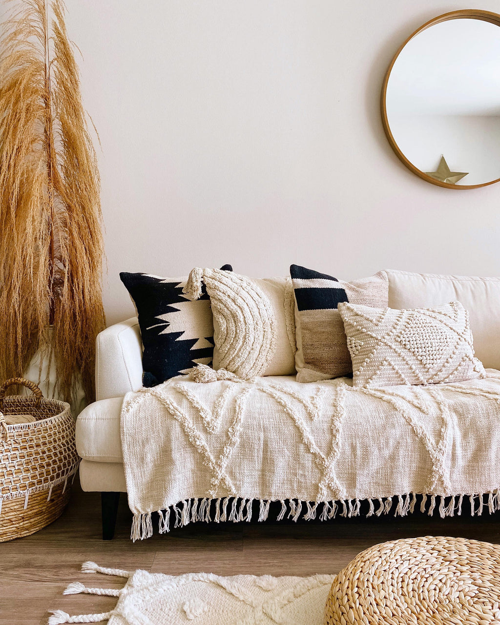 Bohemian Tufted Throw Blanket | Textured Slub Cotton Fringe Sofa Bed Cover
