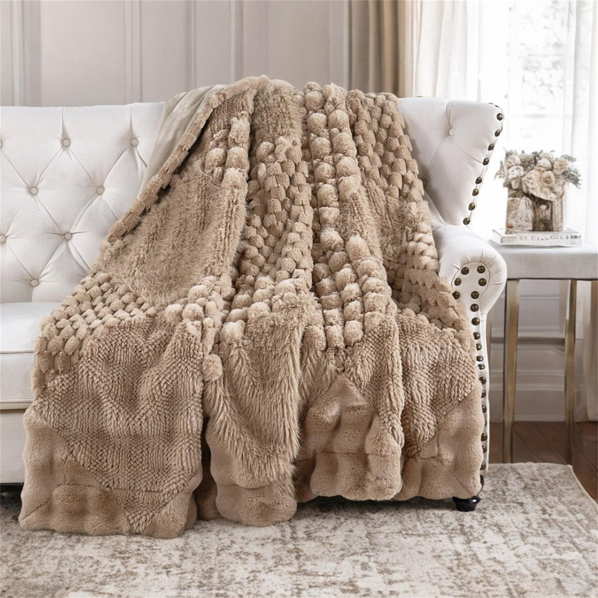 Plaid Patchwork Faux Fur Throw Blanket, Cozy Farmhouse Plush Couch Throw (60" x 70"), Rustic Home Decor Gift
