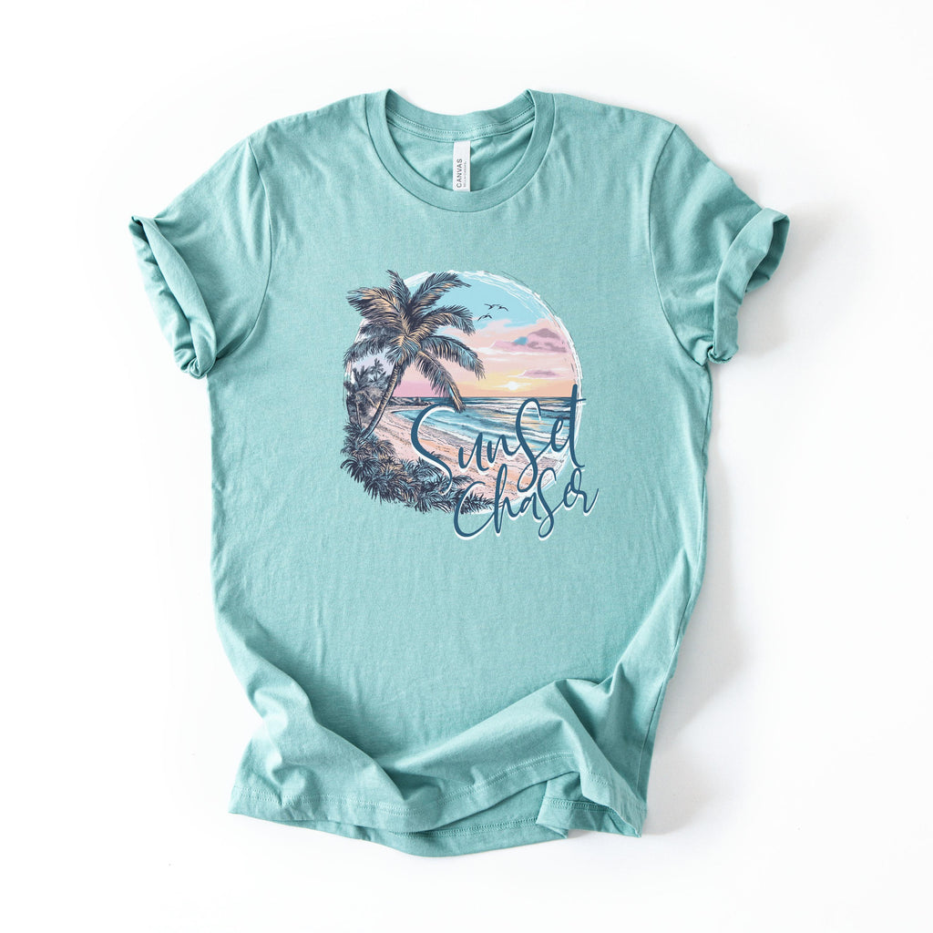 Sunset Chaser Tee, Summer Tee-Shirt, Beach Lover Gift, Island Beach Vacation Shirt, Women's Palm Tree Shirt, Gifted for Her, Beachy Shirts