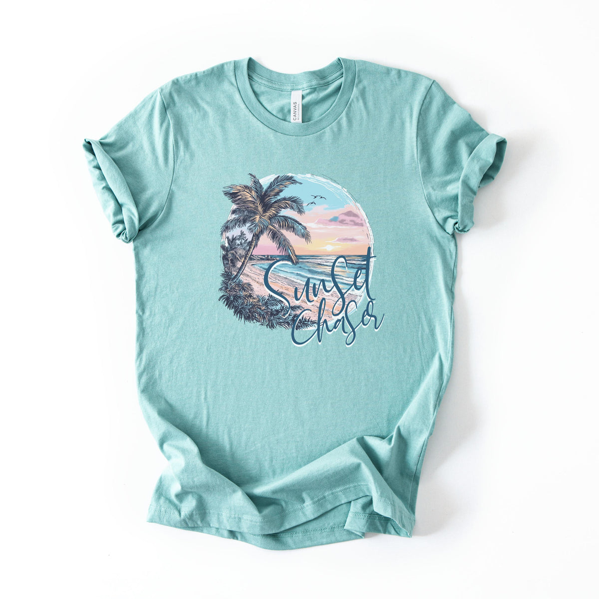 Sunset Chaser Tee, Summer Tee-Shirt, Beach Lover Gift, Island Beach Vacation Shirt, Women's Palm Tree Shirt, Gifted for Her, Beachy Shirts