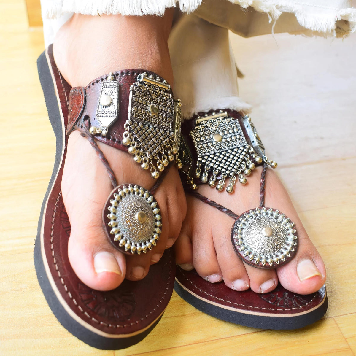 Handmade Leather Kolhapuri Sandals: Silver Ghungroo Boho Bridal Flats