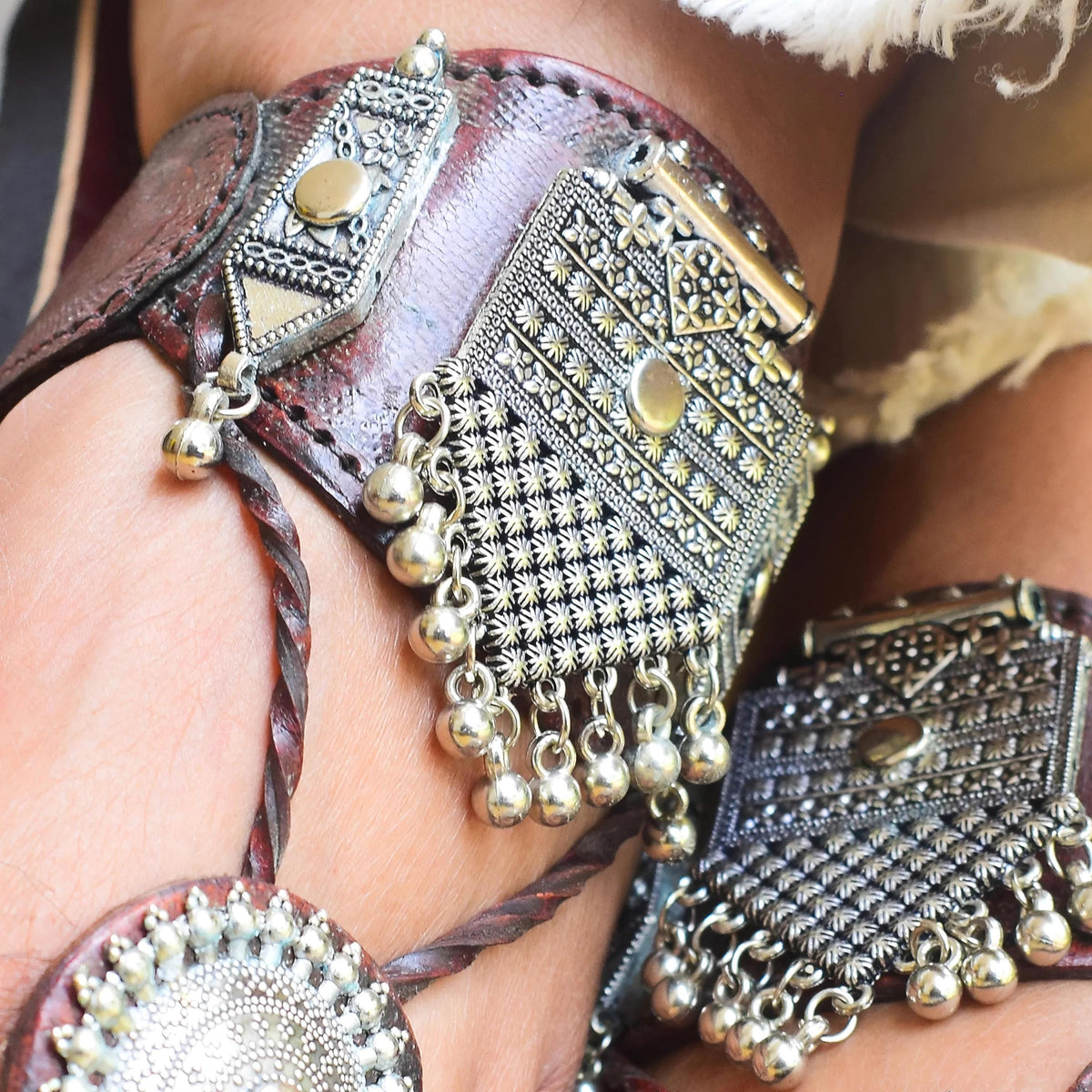 Handmade Leather Kolhapuri Sandals: Silver Ghungroo Boho Bridal Flats