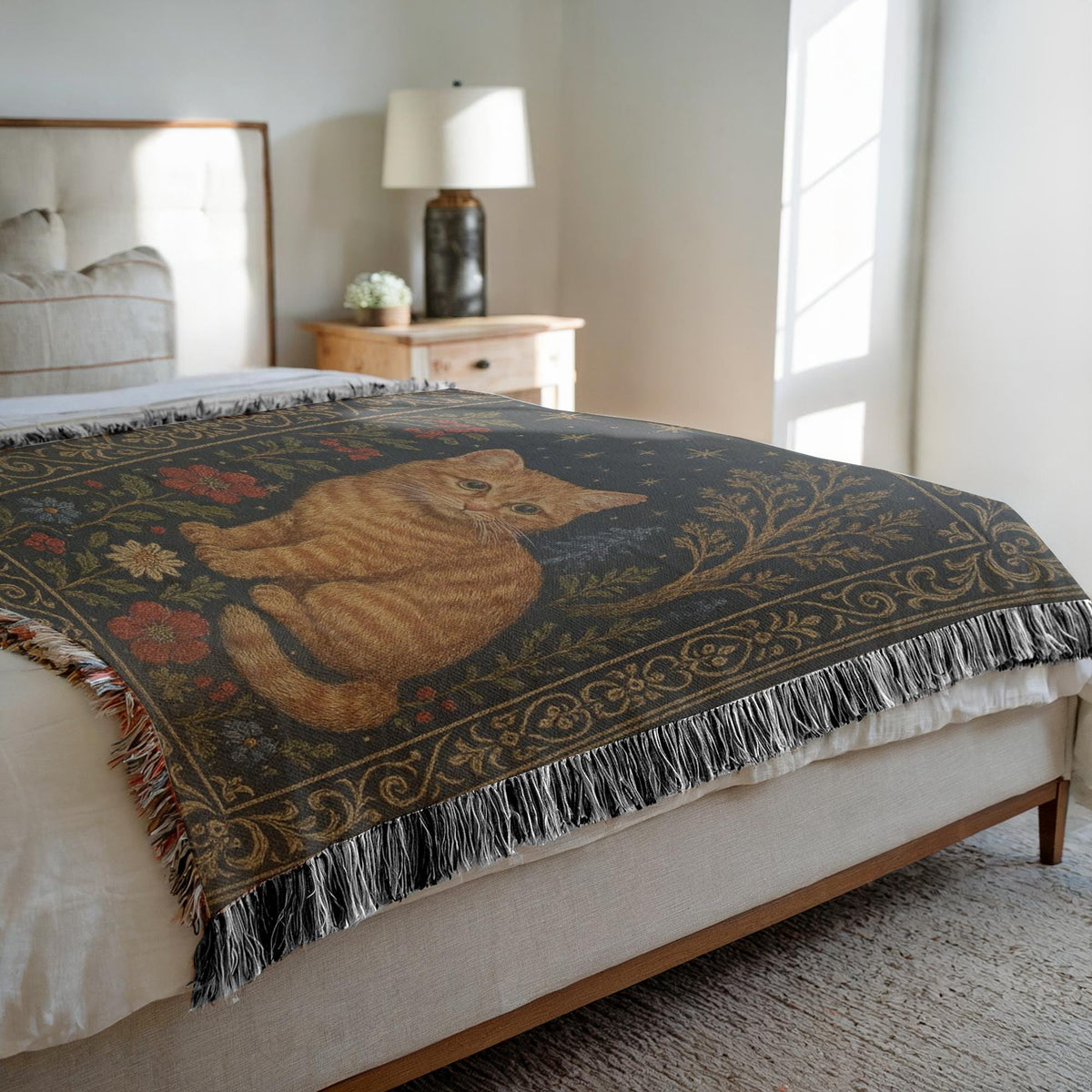 Tabby Cat Tapestry Throw Blanket, Celestial Stars Floral Woven Cotton
