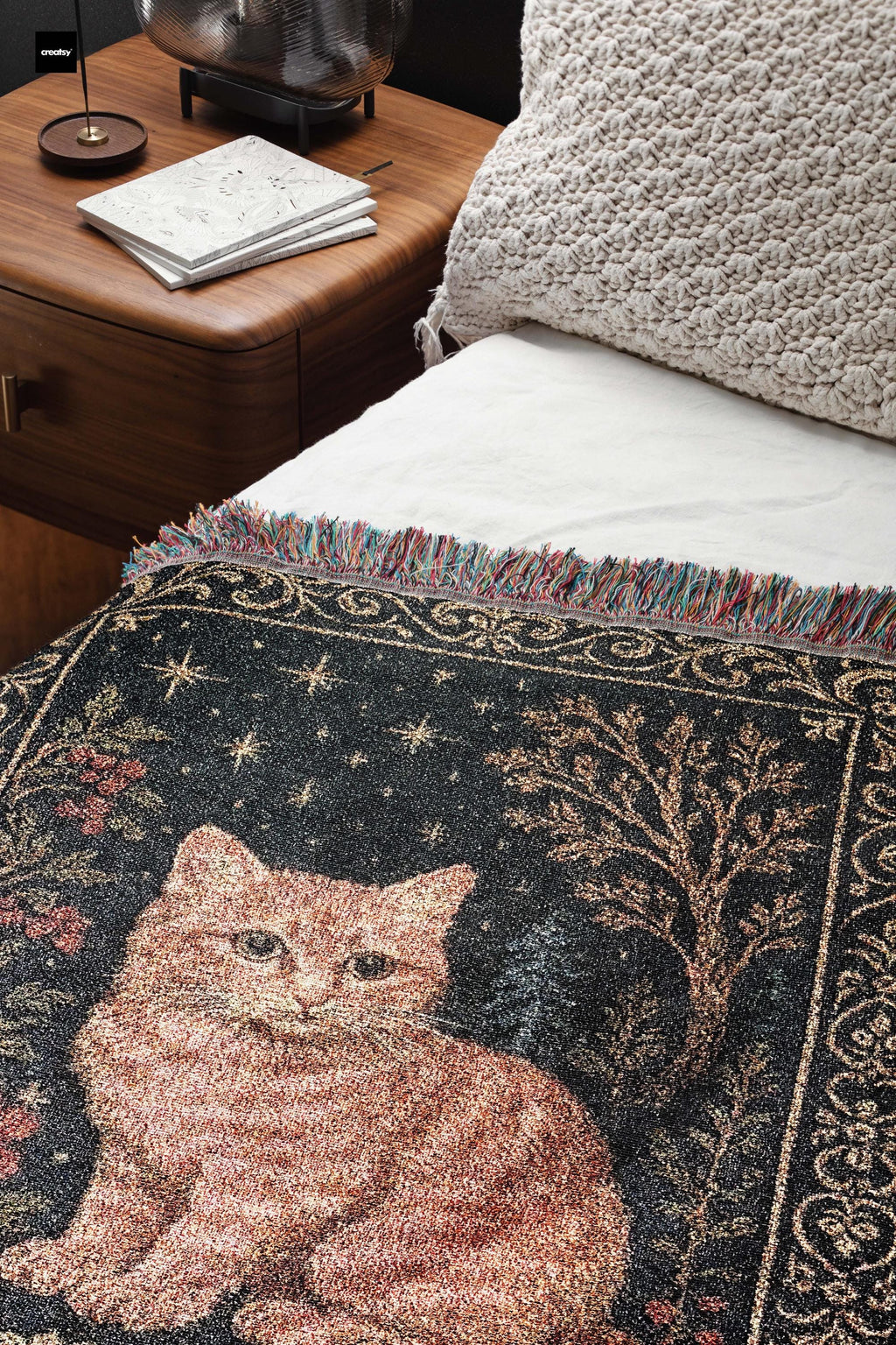 Tabby Cat Tapestry Throw Blanket, Celestial Stars Floral Woven Cotton