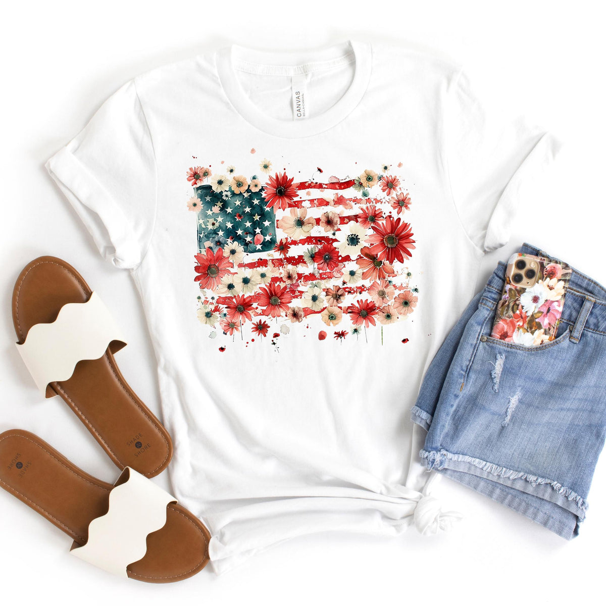 Floral American Flag Shirt for Women, Bella Canvas Patriotic 4th of July Tee, Boho USA Flag Shirt, Independence Day Outfit
