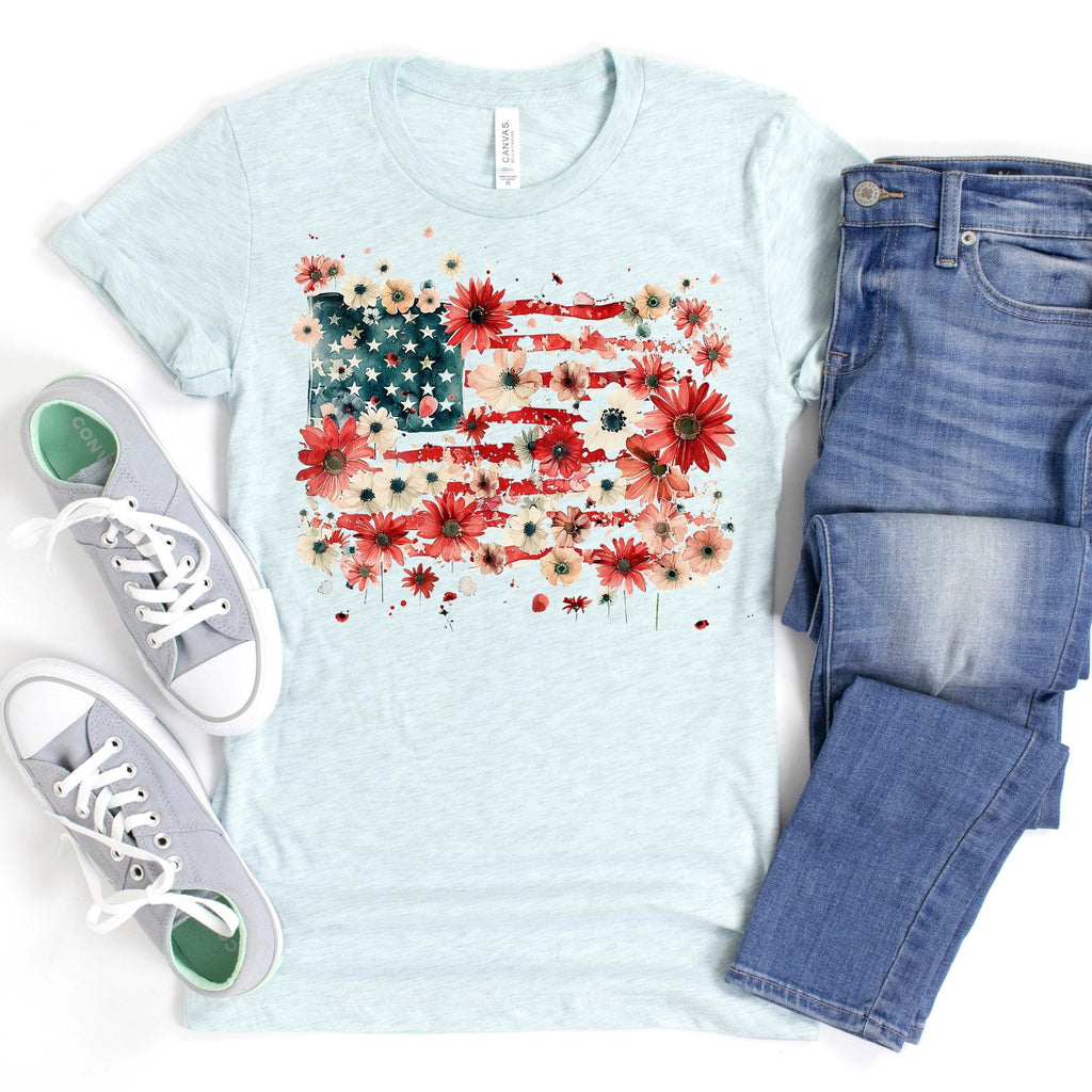 Floral American Flag Shirt for Women, Bella Canvas Patriotic 4th of July Tee, Boho USA Flag Shirt, Independence Day Outfit