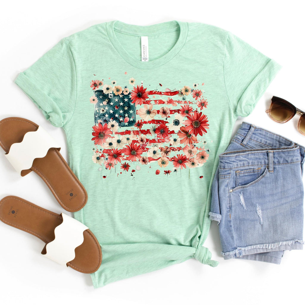 Floral American Flag Shirt for Women, Bella Canvas Patriotic 4th of July Tee, Boho USA Flag Shirt, Independence Day Outfit