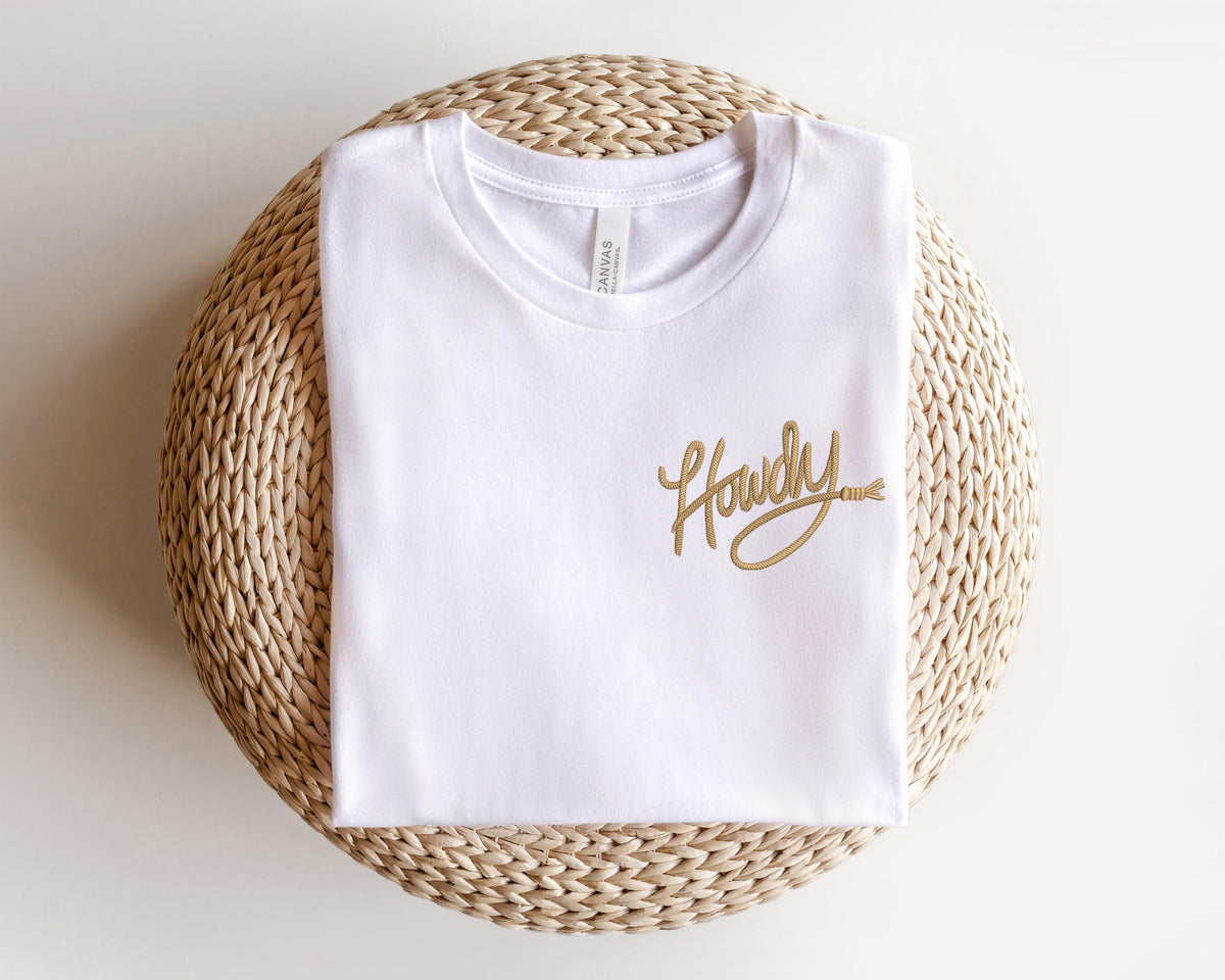 Embroidered Howdy Rope Script Shirt, Trendy Country Music Oversized Shirt, Embroidered Western Vintage Graphic Tee for Cowboy & Cowgirl