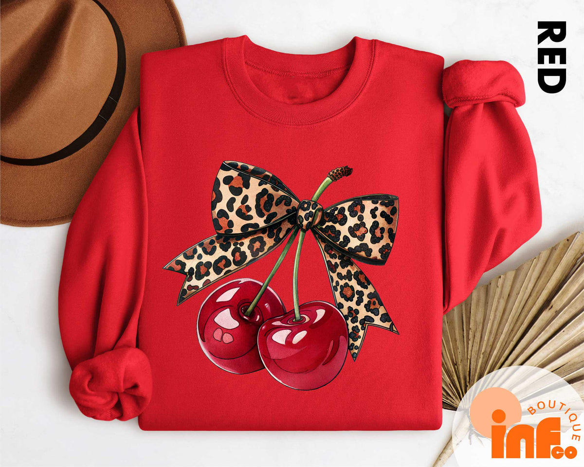 Coquette Bow Leopard Cherry Shirt, Cherry Coquette Girly T-shirt, Cherry Lover Sweatshirt, Gifts For Mom Sweater, Trendy Mom Sweatshirt