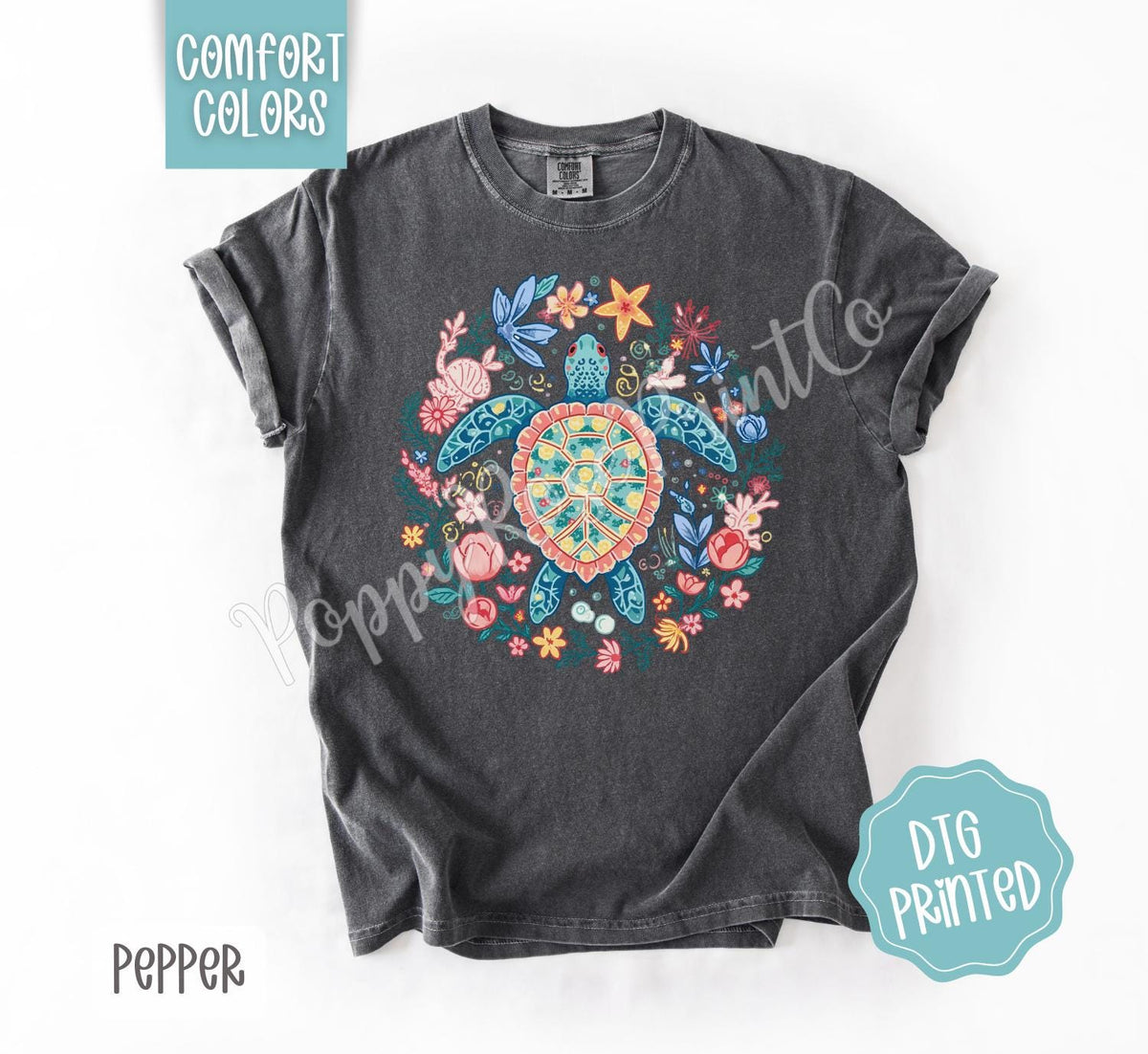 Turtle Comfort Colors Shirt, Cute Beach Tshirt, Trendy Summer Floral Tee, Oversized Beach Tee, Earth Day Shirt, Women's Tee, Gift for Her