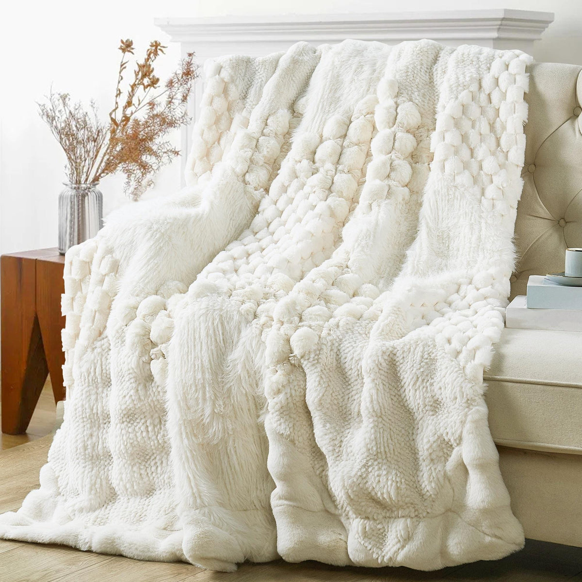 Plaid Patchwork Faux Fur Throw Blanket, Cozy Farmhouse Plush Couch Throw (60" x 70"), Rustic Home Decor Gift