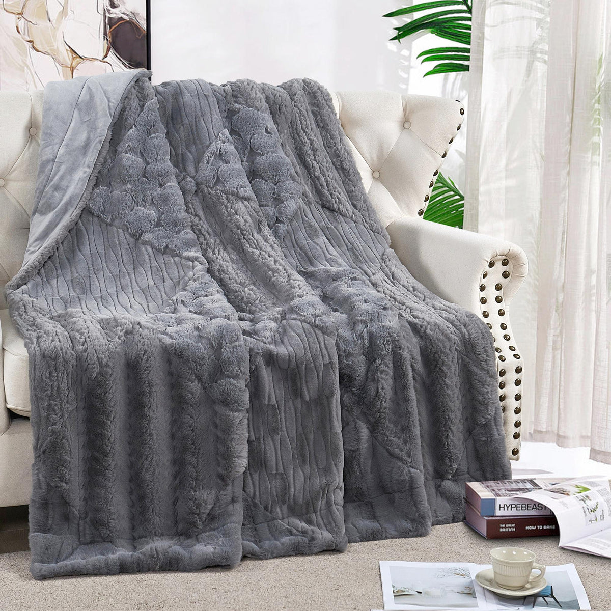 Plaid Patchwork Faux Fur Throw Blanket, Cozy Farmhouse Plush Couch Throw (60" x 70"), Rustic Home Decor Gift