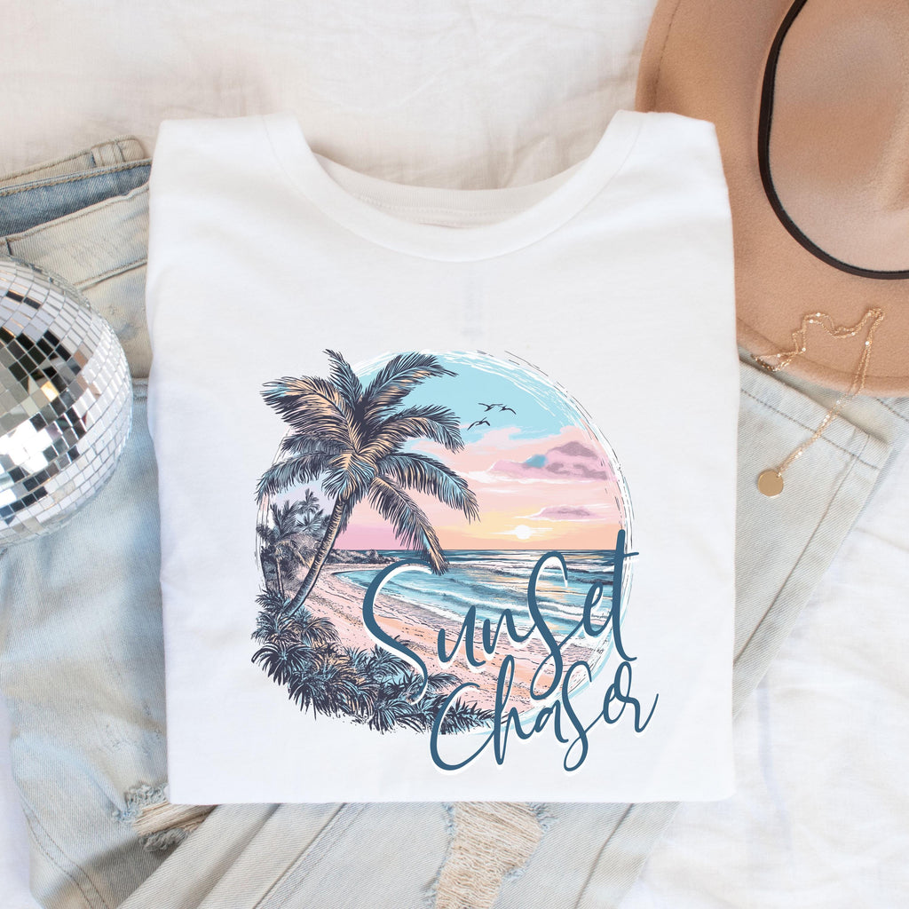 Sunset Chaser Tee, Summer Tee-Shirt, Beach Lover Gift, Island Beach Vacation Shirt, Women's Palm Tree Shirt, Gifted for Her, Beachy Shirts