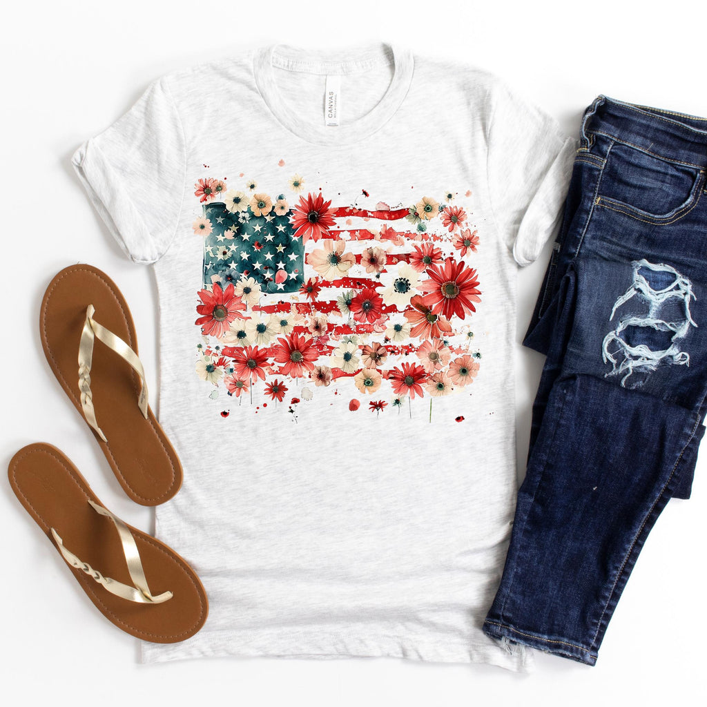 Floral American Flag Shirt for Women, Bella Canvas Patriotic 4th of July Tee, Boho USA Flag Shirt, Independence Day Outfit