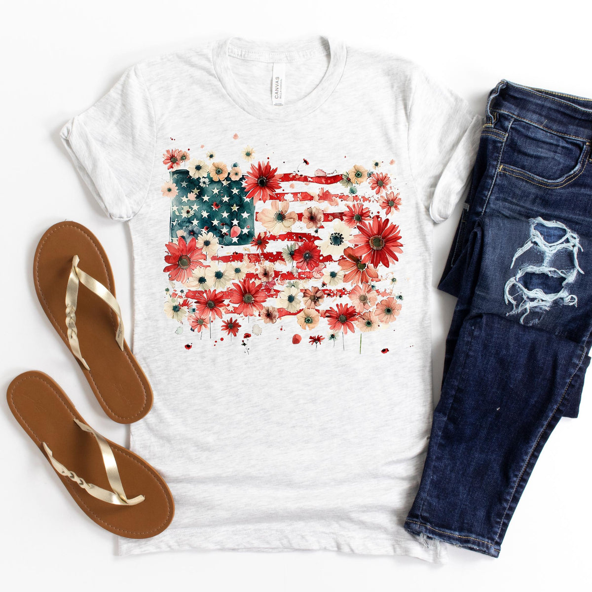 Floral American Flag Shirt for Women, Bella Canvas Patriotic 4th of July Tee, Boho USA Flag Shirt, Independence Day Outfit