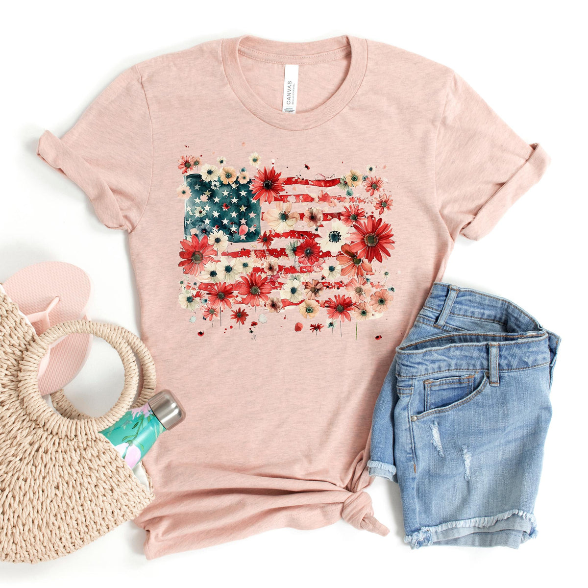 Floral American Flag Shirt for Women, Bella Canvas Patriotic 4th of July Tee, Boho USA Flag Shirt, Independence Day Outfit