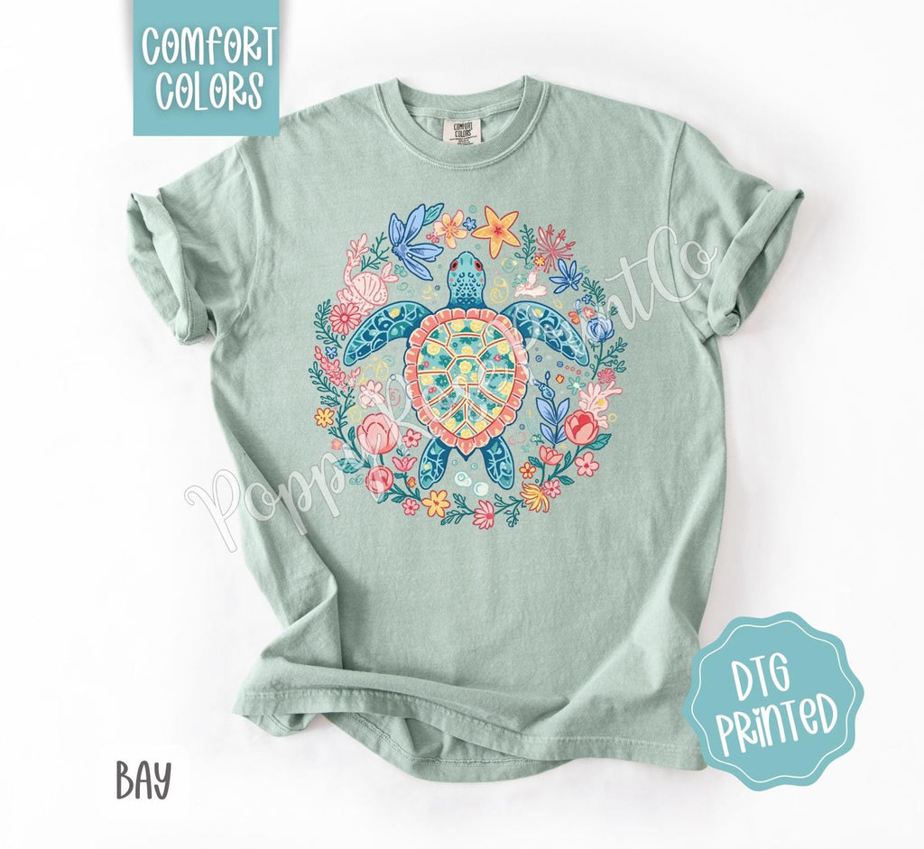 Turtle Comfort Colors Shirt, Cute Beach Tshirt, Trendy Summer Floral Tee, Oversized Beach Tee, Earth Day Shirt, Women's Tee, Gift for Her