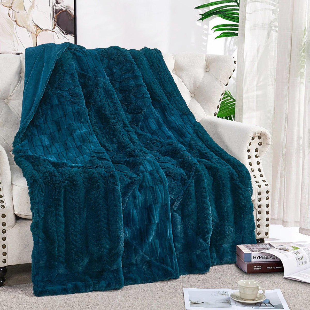 Plaid Patchwork Faux Fur Throw Blanket, Cozy Farmhouse Plush Couch Throw (60" x 70"), Rustic Home Decor Gift