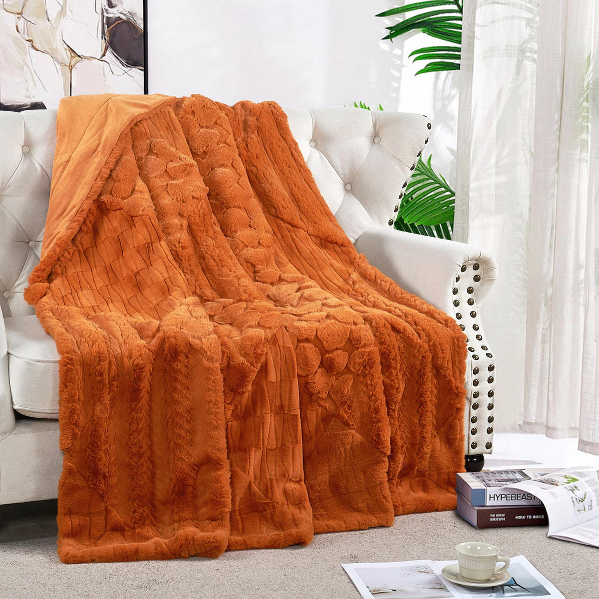 Plaid Patchwork Faux Fur Throw Blanket, Cozy Farmhouse Plush Couch Throw (60" x 70"), Rustic Home Decor Gift