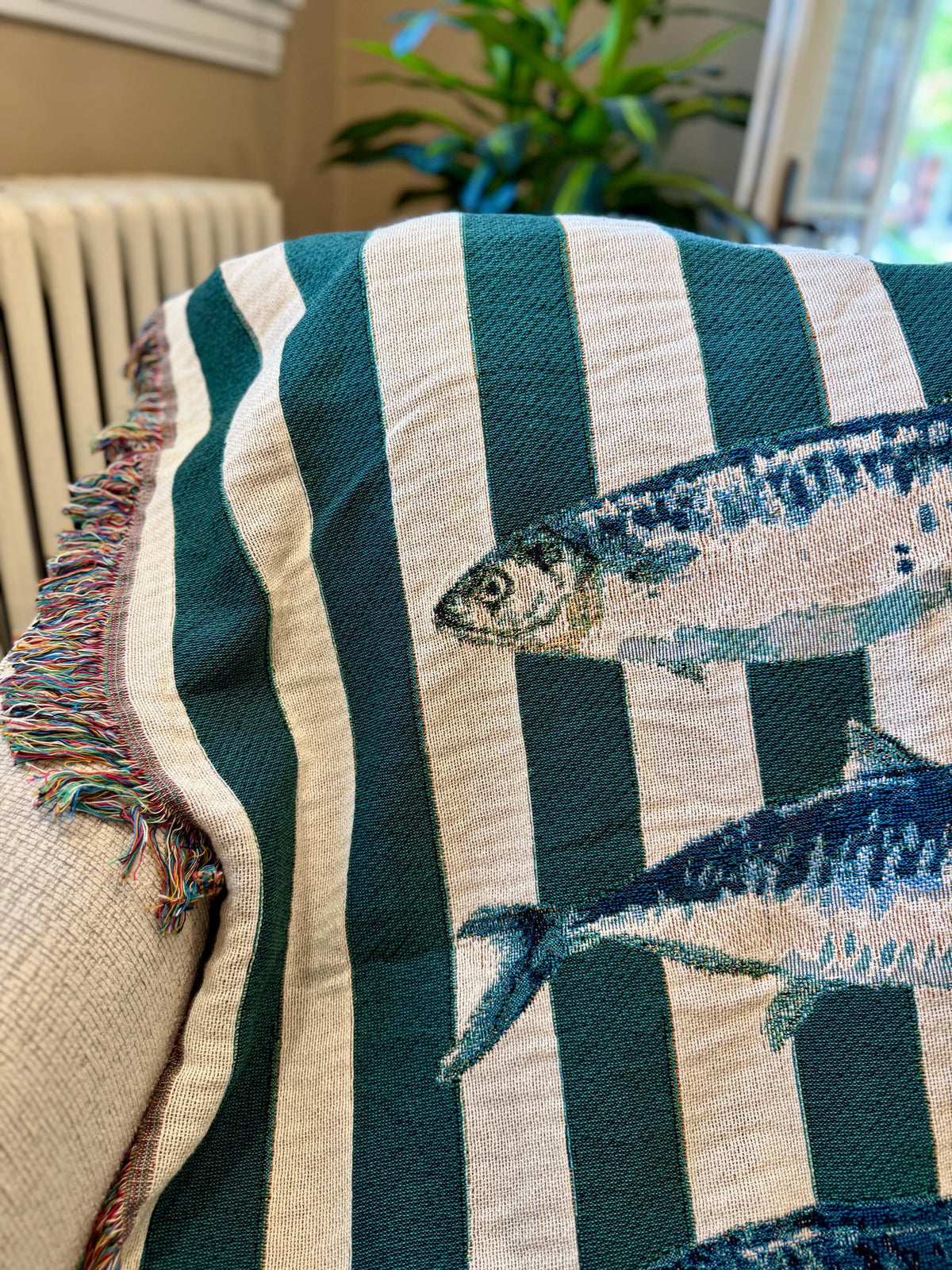 Sardine Blanket Coastal Decor Green Striped Nautical Fish Woven Cotton Throw, Beach House Decor Maritime Wall Tapestry Gift for Dad