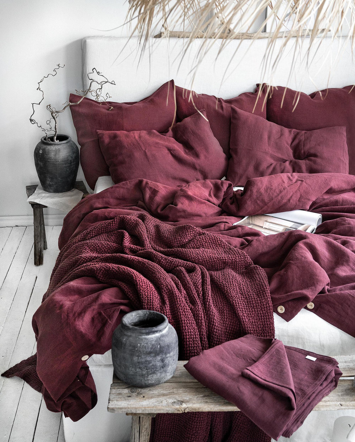 BURGUNDY LINEN WAFFLE Throw. Stonewashed Deep Ruby Linen Bed Throw Blanket in Soft Waffle Pattern. Natural Linen Waffle Red Throw Blanket