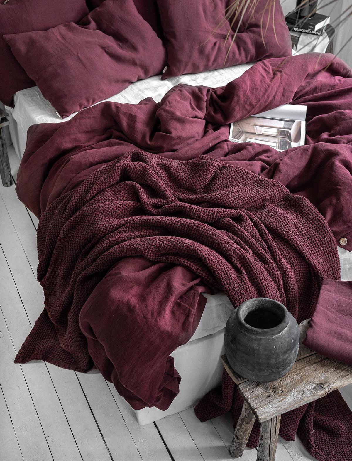 BURGUNDY LINEN WAFFLE Throw. Stonewashed Deep Ruby Linen Bed Throw Blanket in Soft Waffle Pattern. Natural Linen Waffle Red Throw Blanket