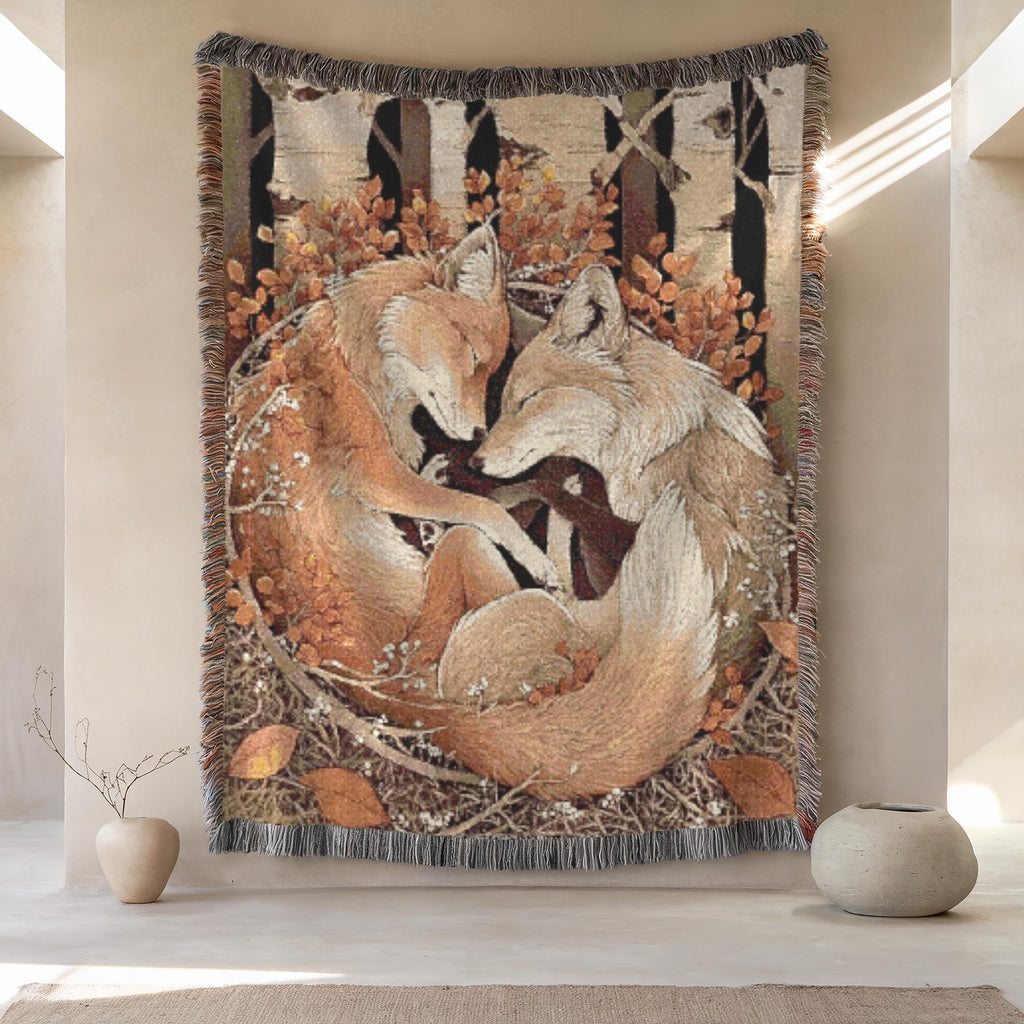 Fox Couple Woven Blanket, Forestcore Cozy Cabin Decor, Romantic Animal Throw, Woodland Foxes Tapestry, Boho Nature Gift, Fall Autumn Vibes