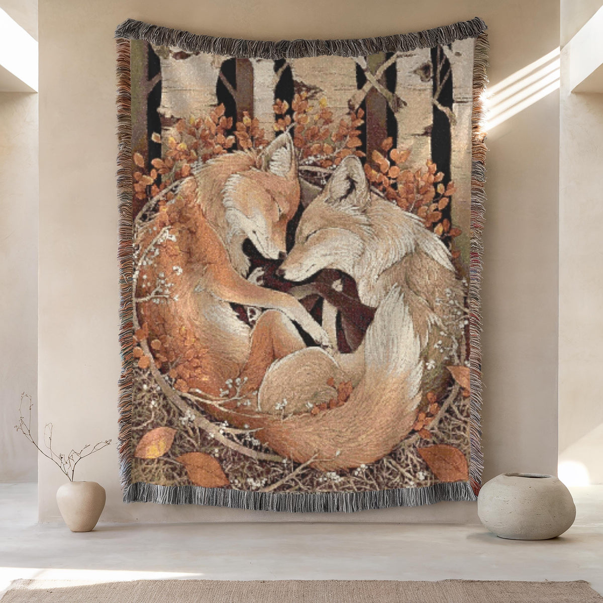 Fox Couple Woven Blanket, Forestcore Cozy Cabin Decor, Romantic Animal Throw, Woodland Foxes Tapestry, Boho Nature Gift, Fall Autumn Vibes