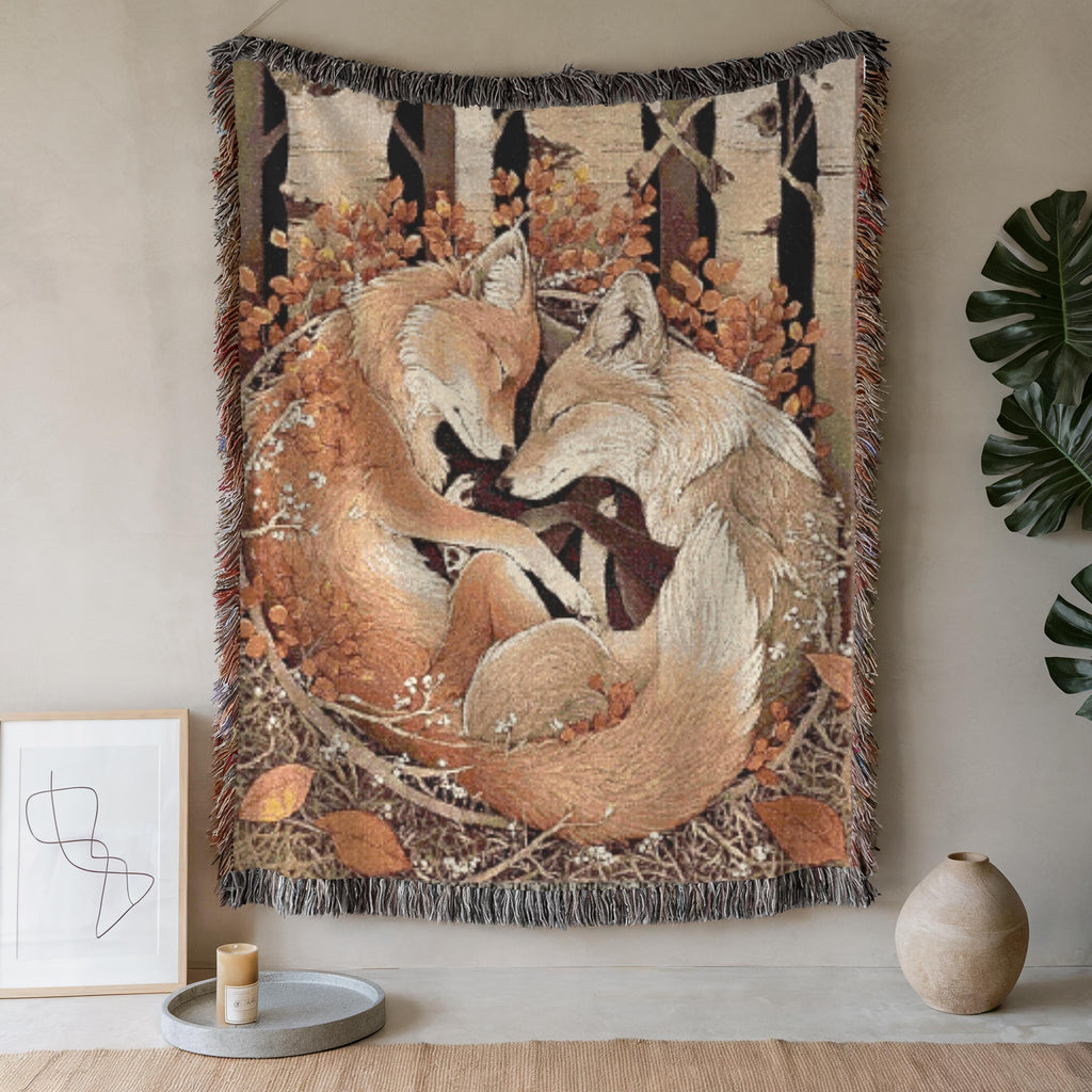 Fox Couple Woven Blanket, Forestcore Cozy Cabin Decor, Romantic Animal Throw, Woodland Foxes Tapestry, Boho Nature Gift, Fall Autumn Vibes