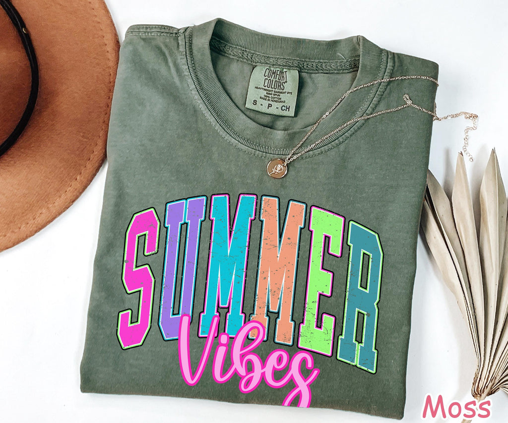 Comfort Colors® Summer Vibes Shirt, Retro Summer T-shirt, Neon Trendy Summer Graphic Tee, Vintage Summer Shirt for Women, Beach Vacation Tee