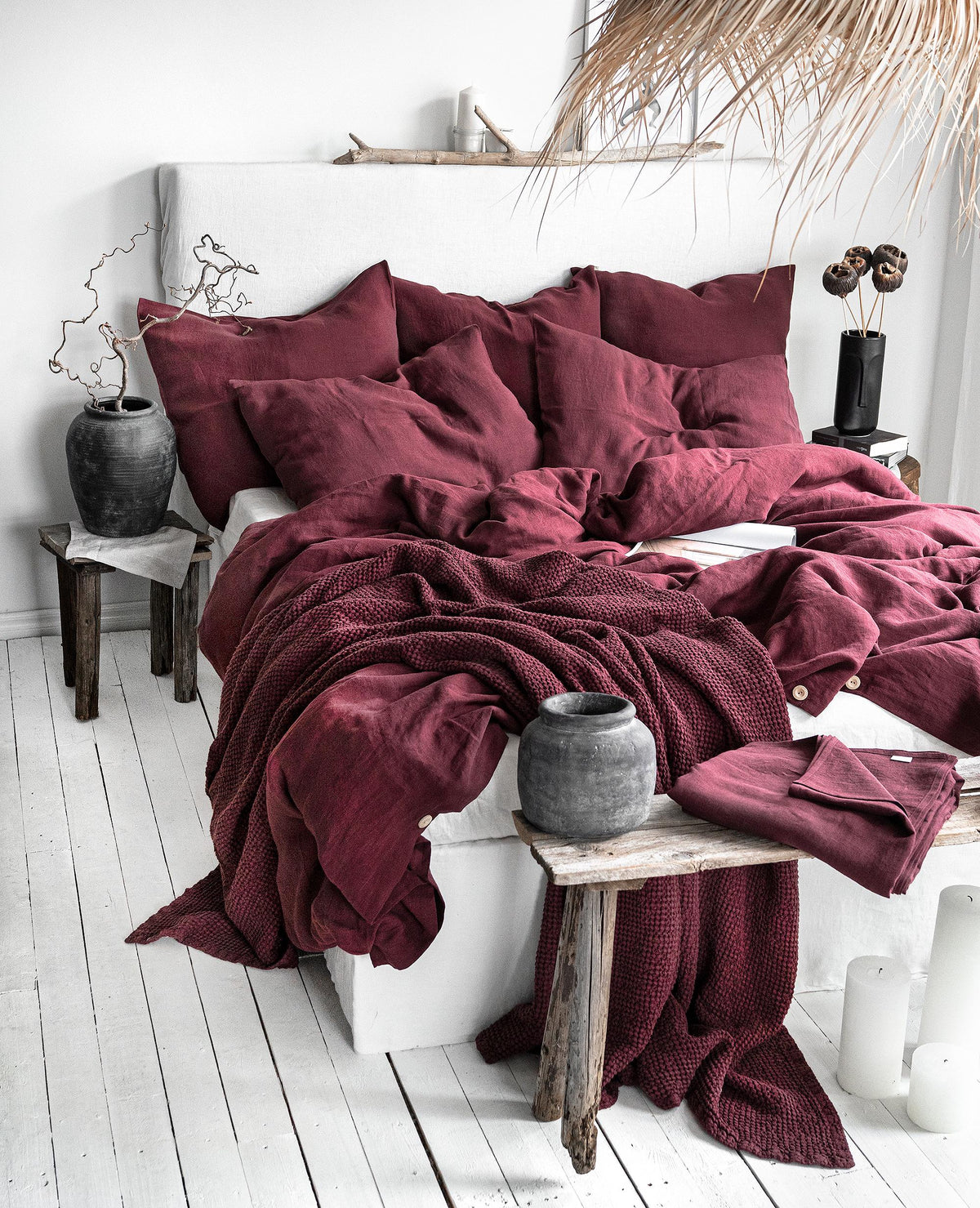 BURGUNDY LINEN WAFFLE Throw. Stonewashed Deep Ruby Linen Bed Throw Blanket in Soft Waffle Pattern. Natural Linen Waffle Red Throw Blanket