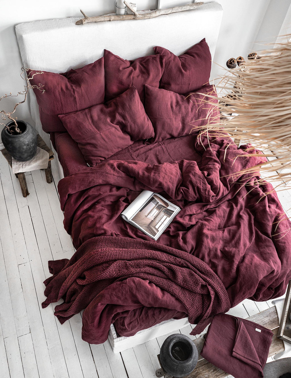 BURGUNDY LINEN WAFFLE Throw. Stonewashed Deep Ruby Linen Bed Throw Blanket in Soft Waffle Pattern. Natural Linen Waffle Red Throw Blanket