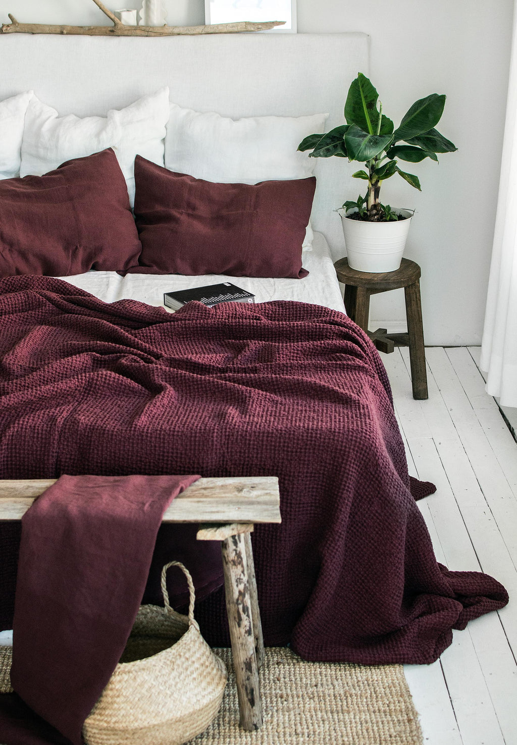 BURGUNDY LINEN WAFFLE Throw. Stonewashed Deep Ruby Linen Bed Throw Blanket in Soft Waffle Pattern. Natural Linen Waffle Red Throw Blanket