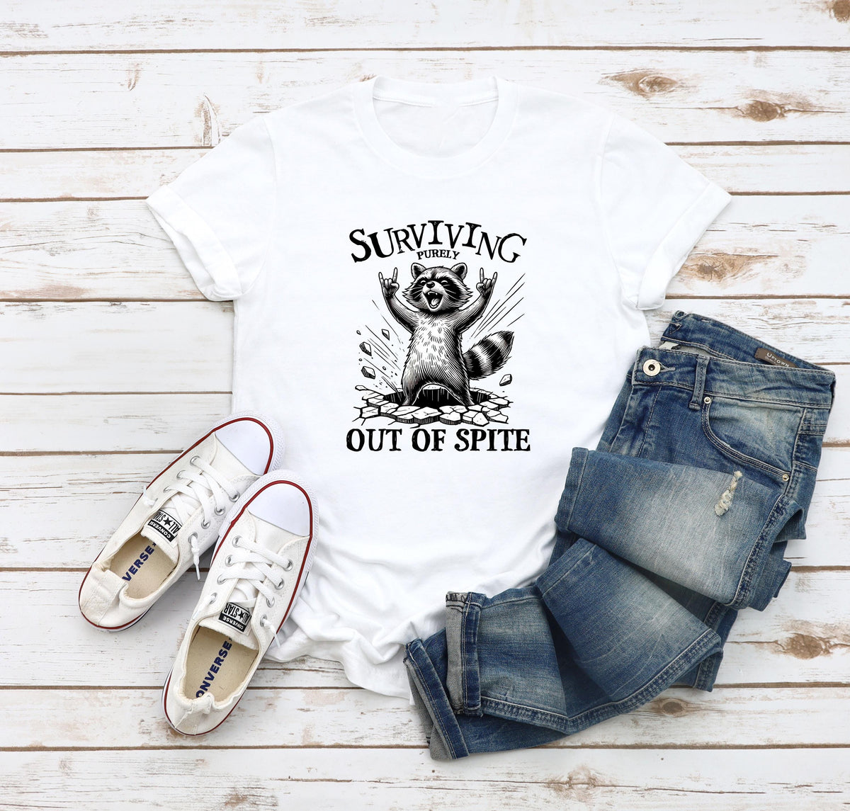 Surviving Purely Out Of Spite Raccoon Shirt, Raccoon Shirt, Raccoon Lover Gift Tee, Sarcastic Raccoon Shirt, Funny Raccoon Rocker Shirt