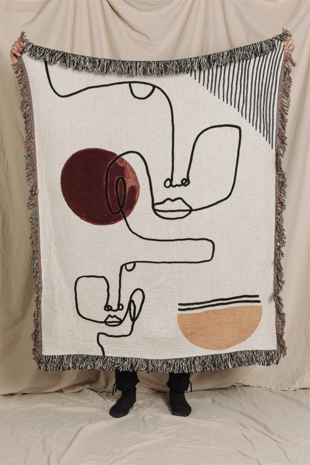 Warm Toned Home Accessory: 100% Cotton Personalized Throw Blanket, Abstract Line Faces Design