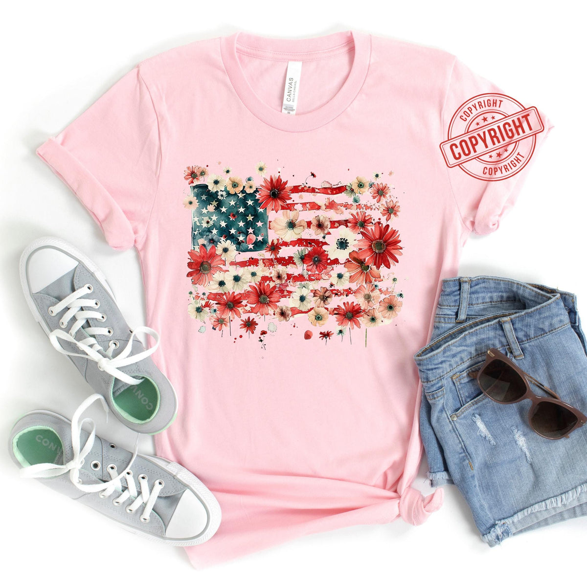 Floral American Flag Shirt for Women, Bella Canvas Patriotic 4th of July Tee, Boho USA Flag Shirt, Independence Day Outfit
