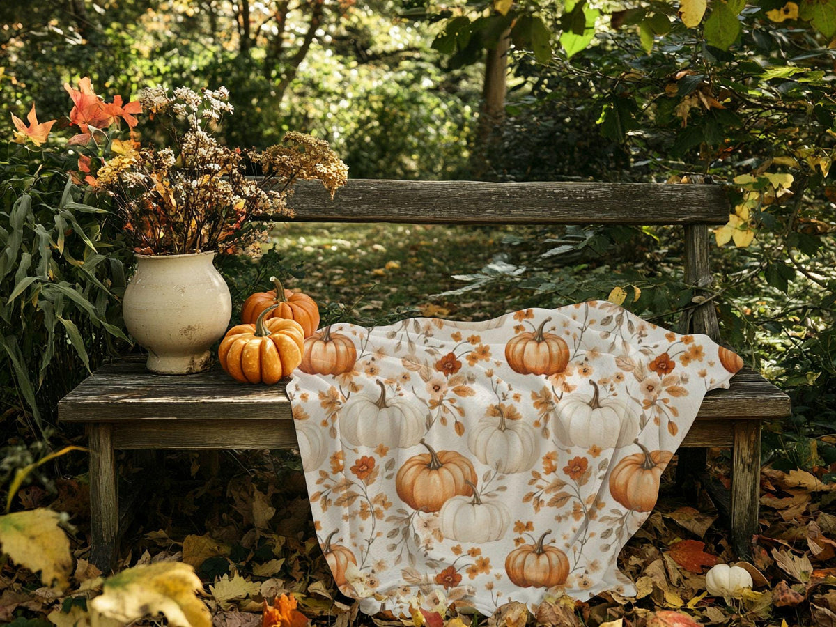 Pumpkin Patch Velveteen Fleece Throw, Autumn Floral Blanket
