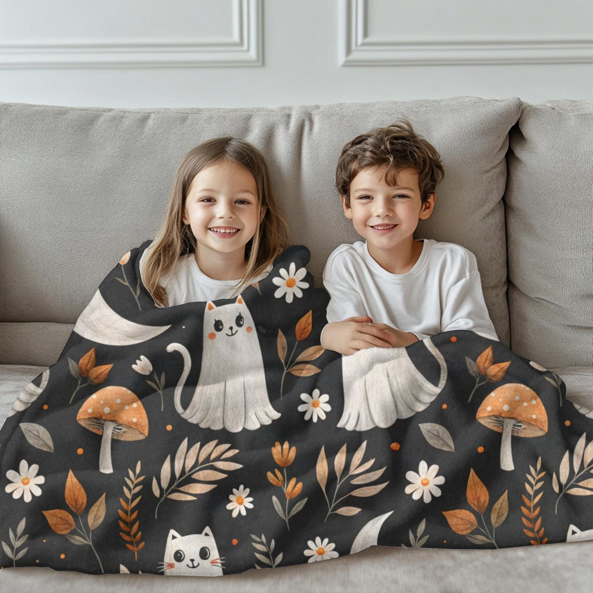 Ghost Cat Halloween Blanket | Sherpa & Velveteen Throw | Spooky Fall Decor | Cottagecore Autumn