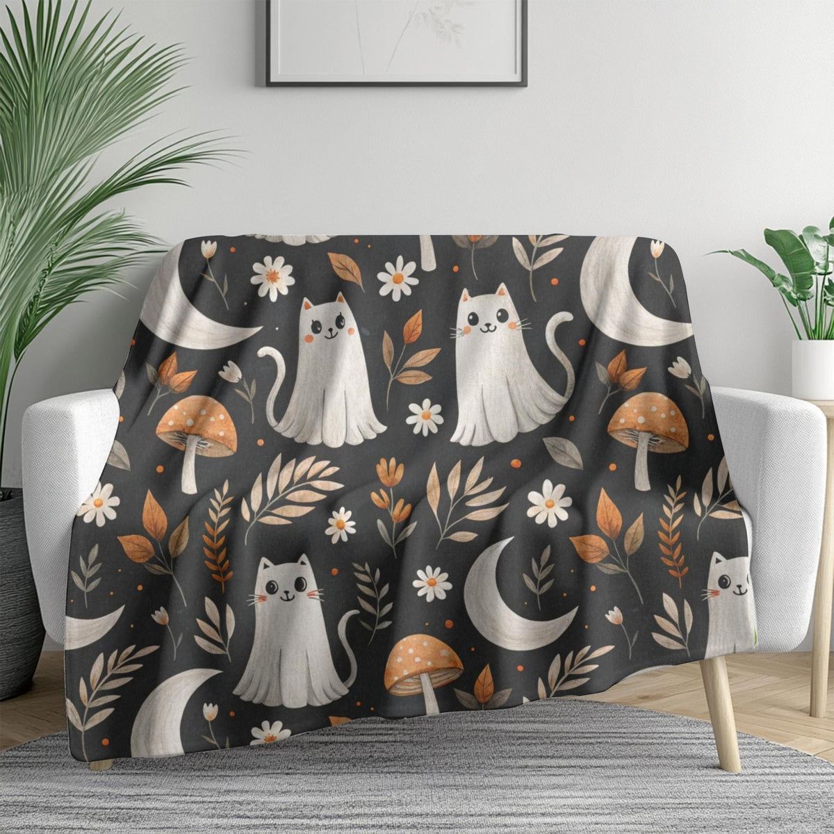 Ghost Cat Halloween Blanket | Sherpa & Velveteen Throw | Spooky Fall Decor | Cottagecore Autumn