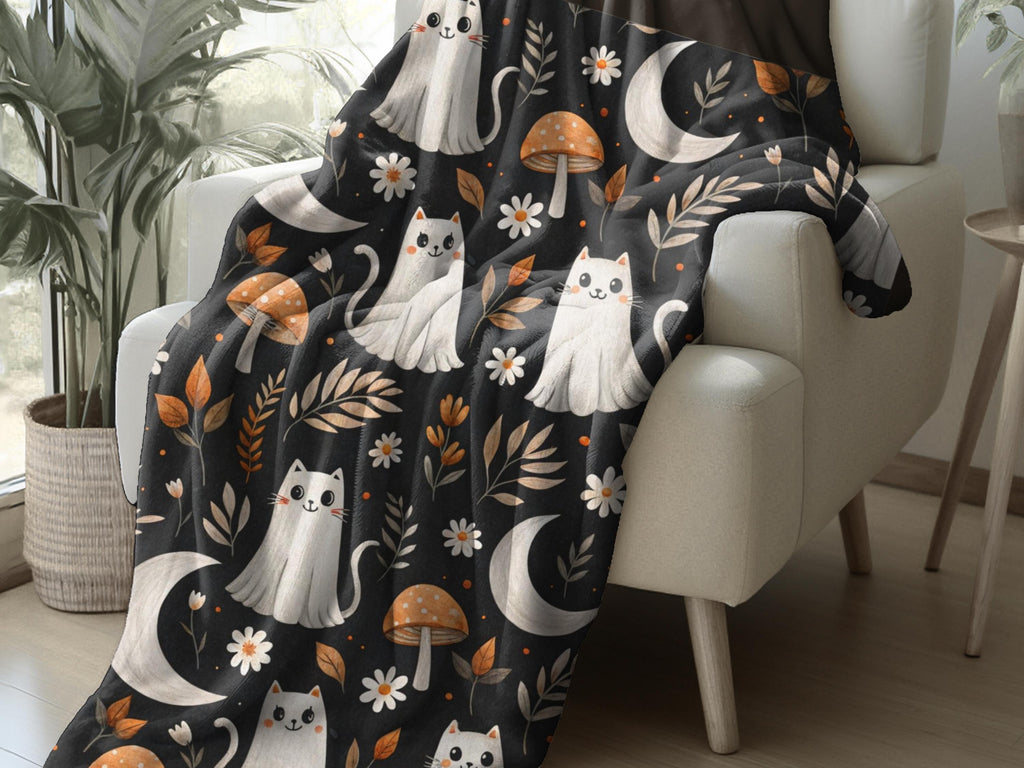 Ghost Cat Halloween Blanket | Sherpa & Velveteen Throw | Spooky Fall Decor | Cottagecore Autumn