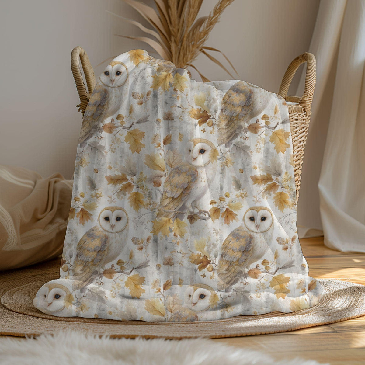 Barn Owl Birch Fall Blanket, Cozy Cottagecore Autumn Throw, Woodland Minky Fleece Throw Owl Birch Lovers Home Decor Soft Owl Nature Blanket