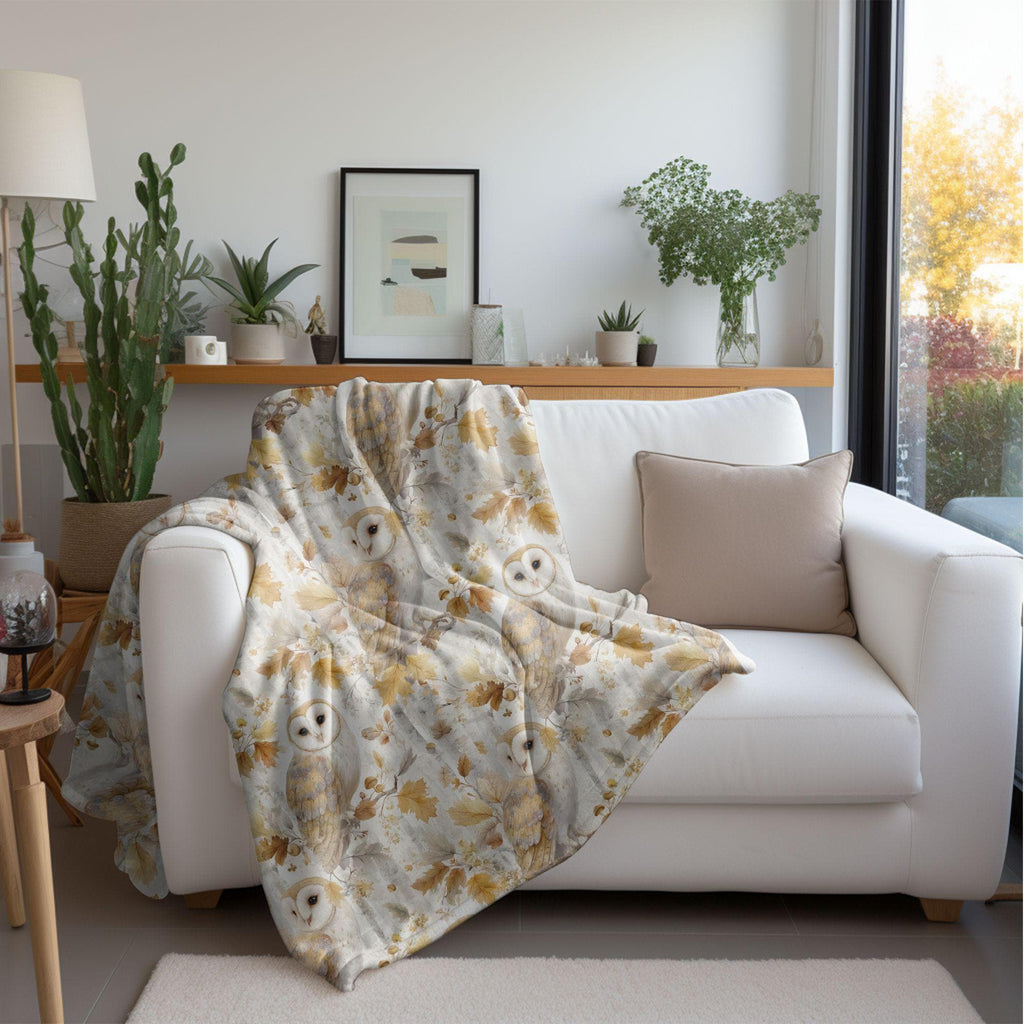 Barn Owl Birch Fall Blanket, Cozy Cottagecore Autumn Throw, Woodland Minky Fleece Throw Owl Birch Lovers Home Decor Soft Owl Nature Blanket