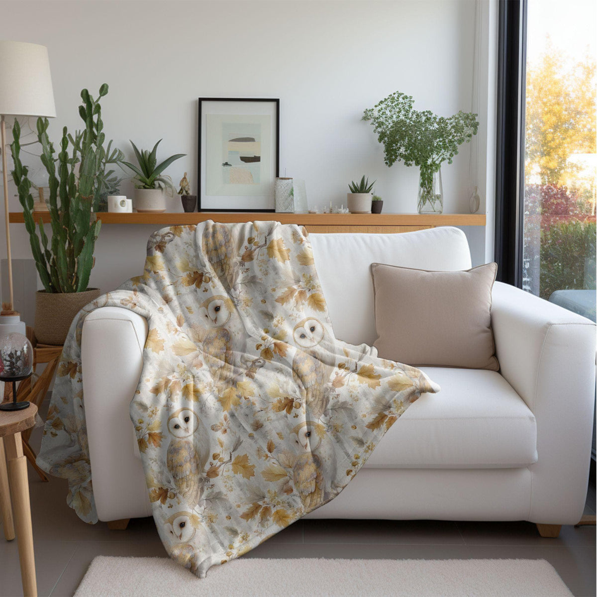 Fall Woodland Blanket, Fall Owl Birch Forest Autumn Throw, Cottagecore Minky Fleece, Barn Owl Lovers Home Decor Forestcore Nature Blanket