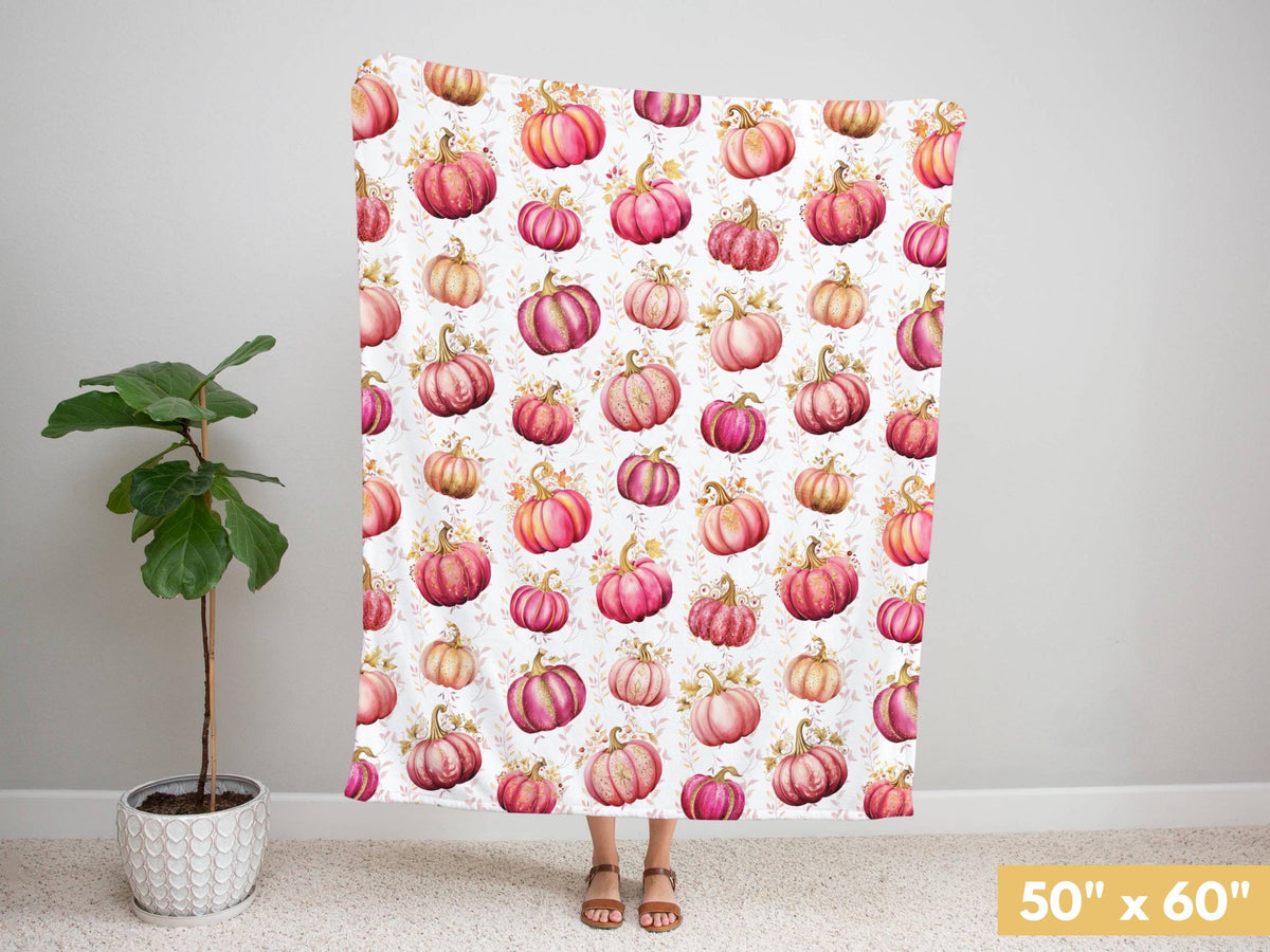 Pink Pumpkins Plush Blanket, Fall Pumpkin Throw, Thanksgiving Gift, Housewarming, Royal Gold & Pink Holiday Decor, Autumn Accent Blanket