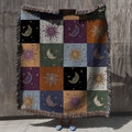 Boho Sun and Moon Woven Blanket - Celestial Checkerboard Throw Blanket, Vintage Astrology-Inspired Tapestry, Cozy Bohemian Home Decor Gift
