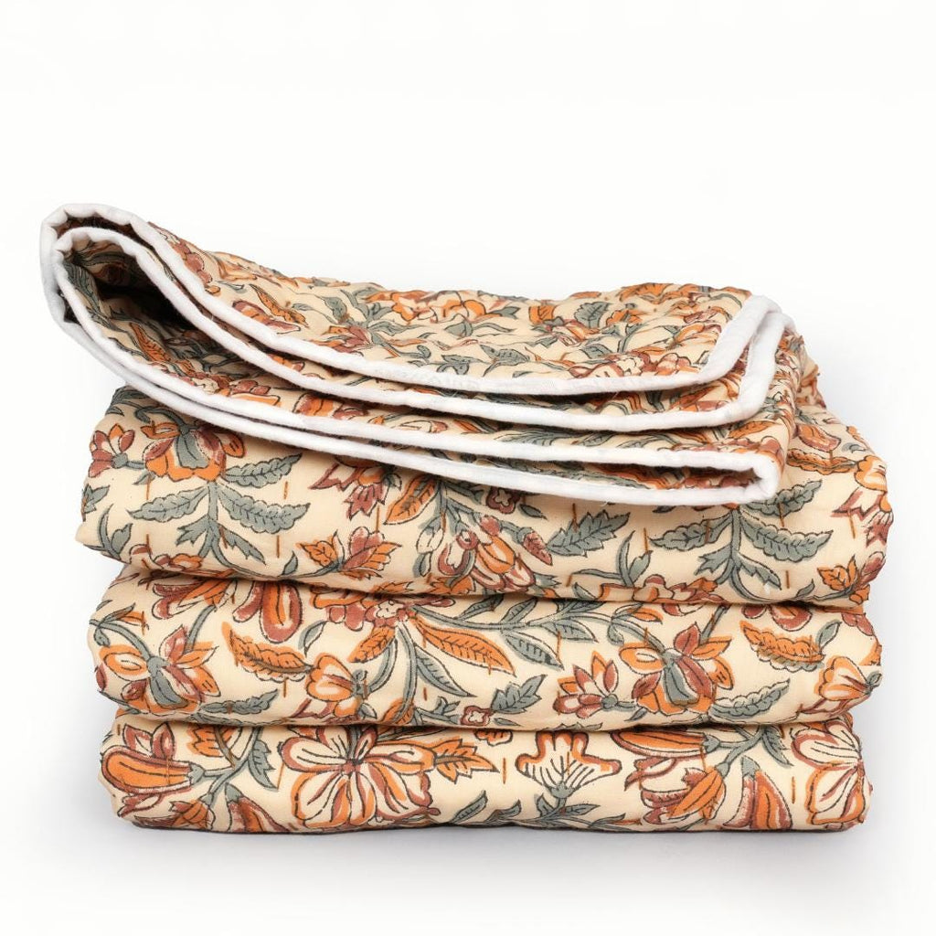 Teal Floral Quilt Block Print Bedding Farmhouse Decor Bedroom housewarming gift baby quilt Bedspread Fall Quilted Blanket Mustard blanket